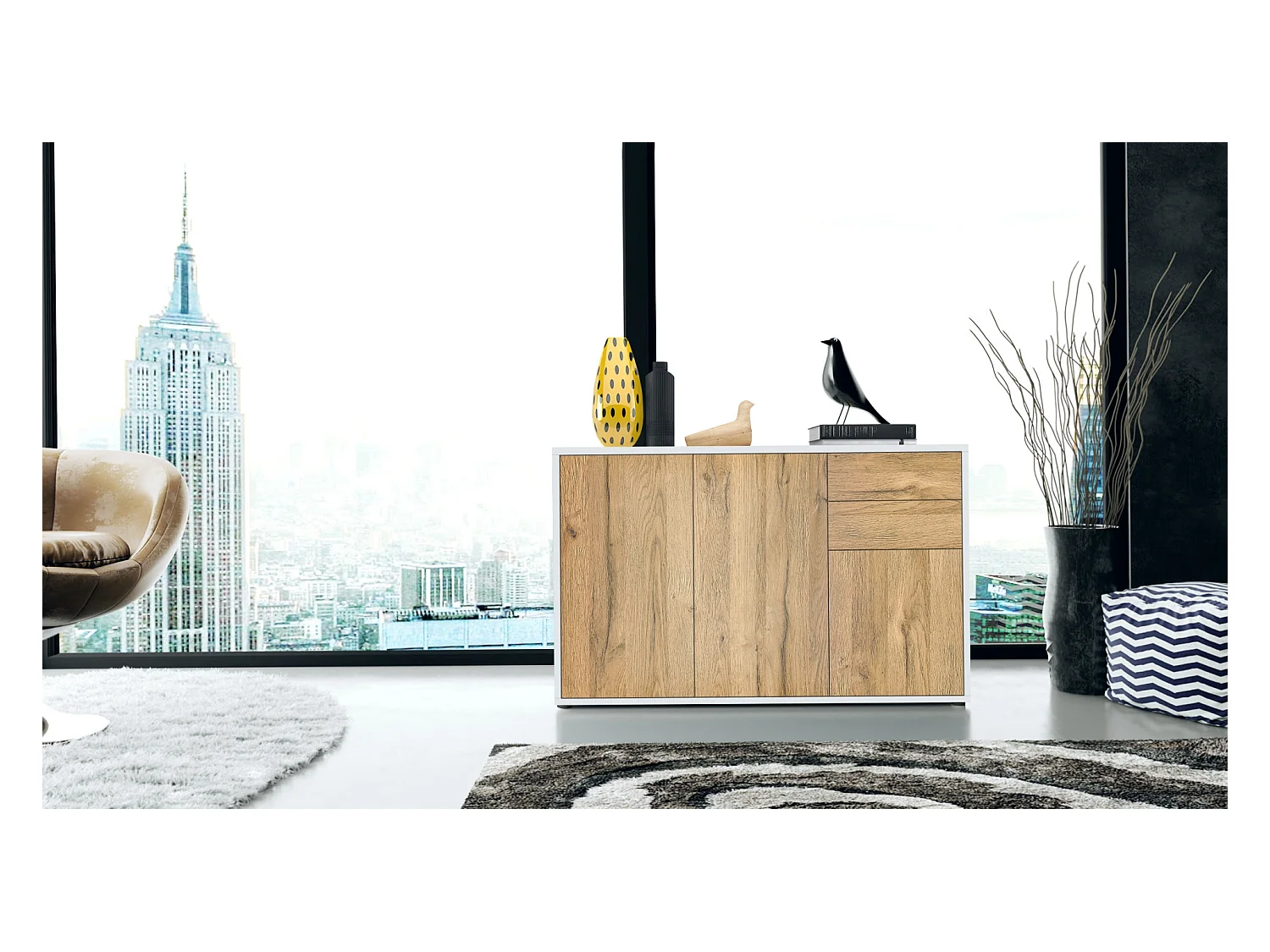 Buffet Ben V3, Commode avec 3 portes et 2 tiroirs, Blanc mat/Chêne Nature (117 x 74 x 36 cm)