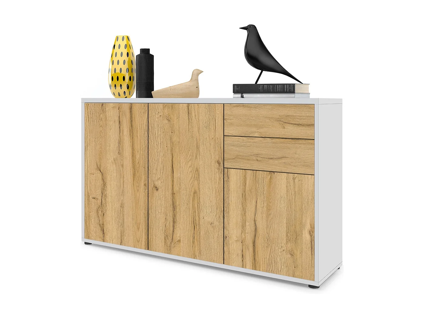 Madia  Ben V3, mobile con 3 ante e 2 cassetti, bianco opaco/quercia naturale (117 x 74 x 36 cm)