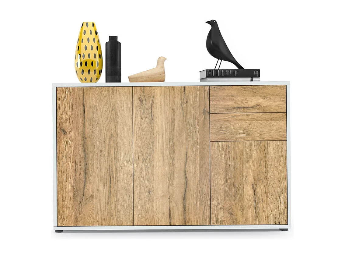 Madia  Ben V3, mobile con 3 ante e 2 cassetti, bianco opaco/quercia naturale (117 x 74 x 36 cm)