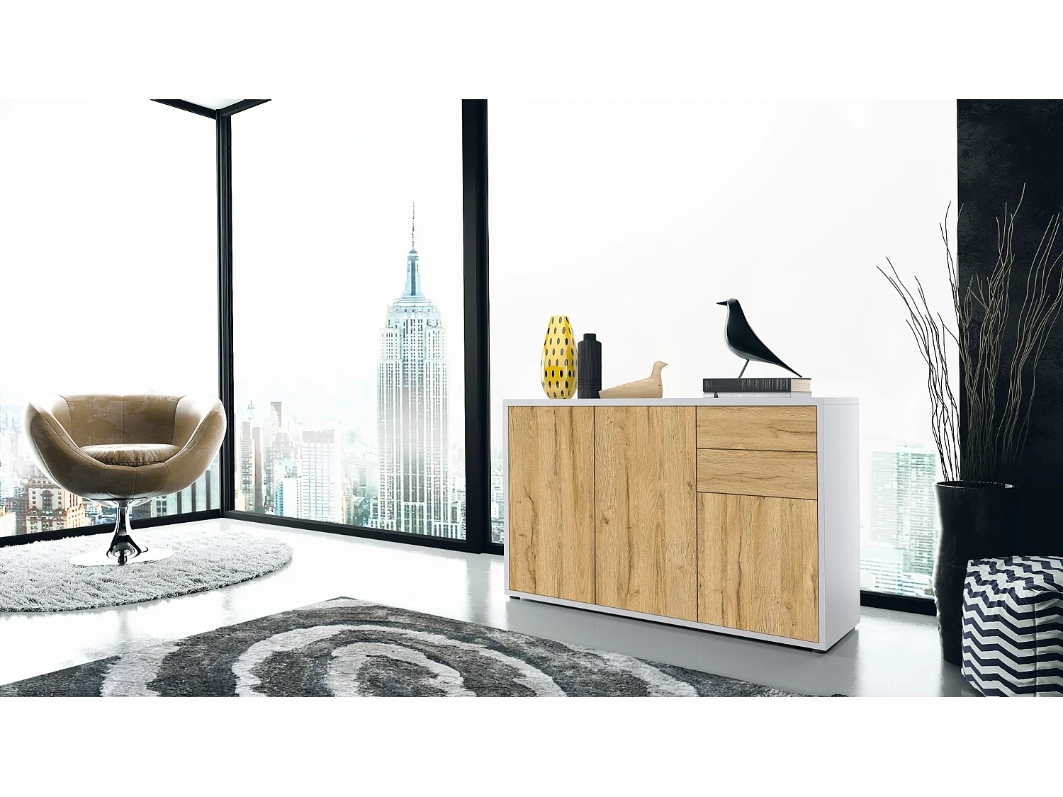 Madia  Ben V3, mobile con 3 ante e 2 cassetti, bianco opaco/quercia naturale (117 x 74 x 36 cm)