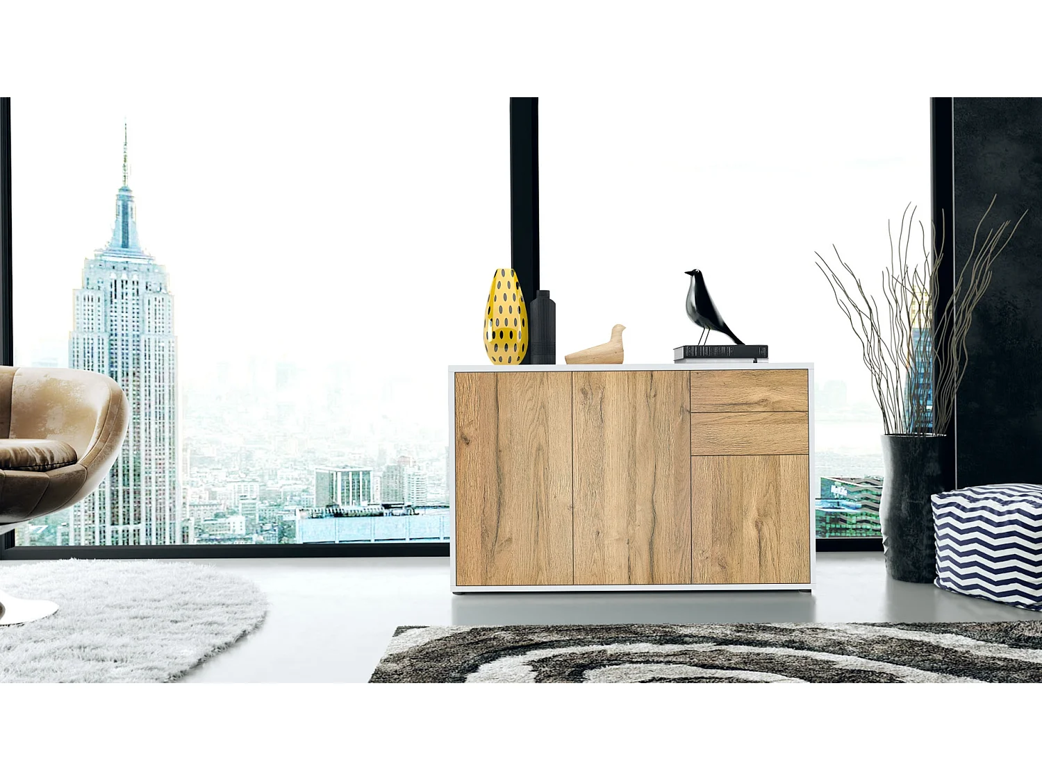 Madia  Ben V3, mobile con 3 ante e 2 cassetti, bianco opaco/quercia naturale (117 x 74 x 36 cm)