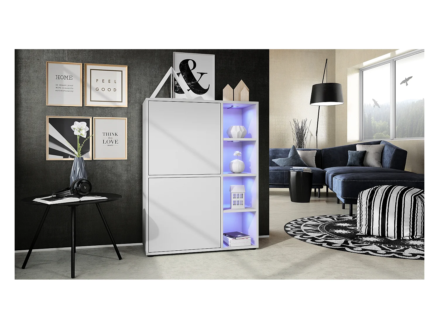 Credenza  Cuba 79 x 105,5 x 35,5 cm Credenza con 8 ripiani, struttura in bianco opaco / ante in bianco opaco con illuminazione LED RGB