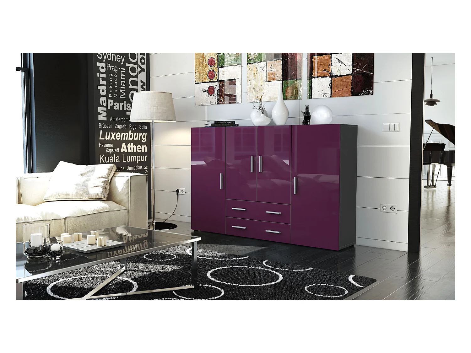 Le Buffet Haut Nora bahut avec 2 tiroirs et 4 portes avec un total de 8 compartiments derrière, anthracite mat/mûre haute brillance (166,5 x 106,5 x 35 cm)