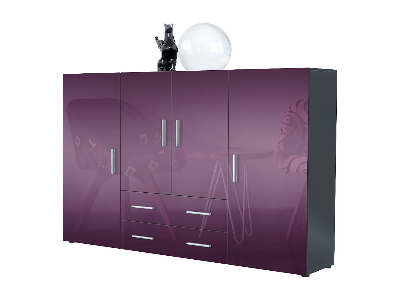 Highboard Nora Sideboard with 2 drawers and 4 doors with a total of 8 compartments behind, antracite opaco /violetto porpora lucido (166.5 x 106.5 x 35 cm)