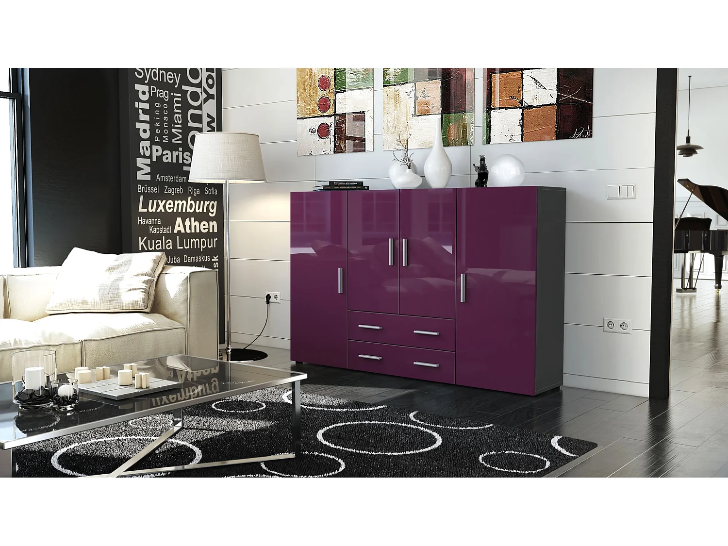 Highboard Nora Sideboard with 2 drawers and 4 doors with a total of 8 compartments behind, antracite opaco /violetto porpora lucido (166.5 x 106.5 x 35 cm)