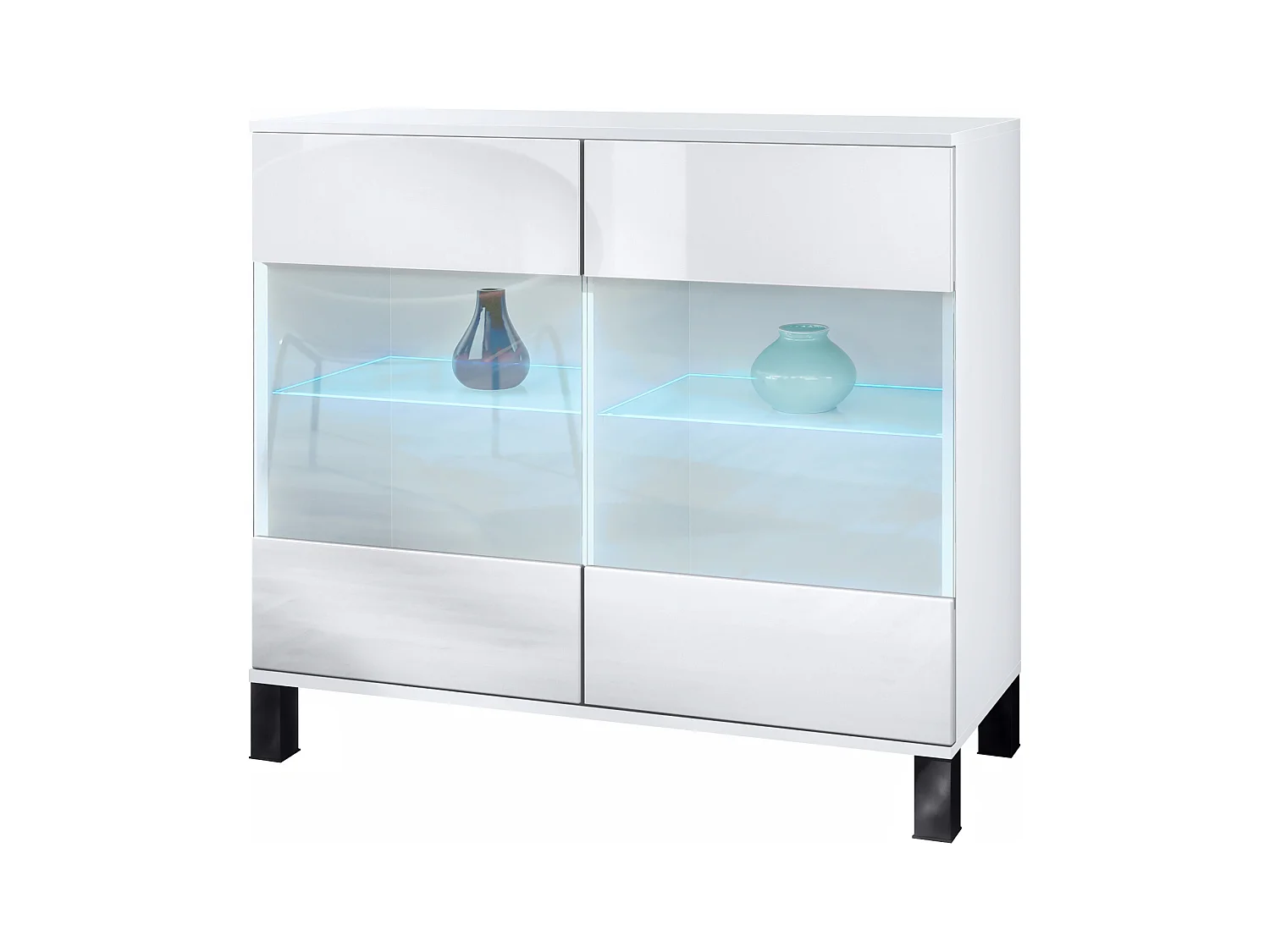 Commode Bari V3, Armoire de cuisine moderne avec 2 grandes portes vitrées incl. éclairage RGB blanc mat / blanc haute brillance (92,5 x 84.5 x 35)