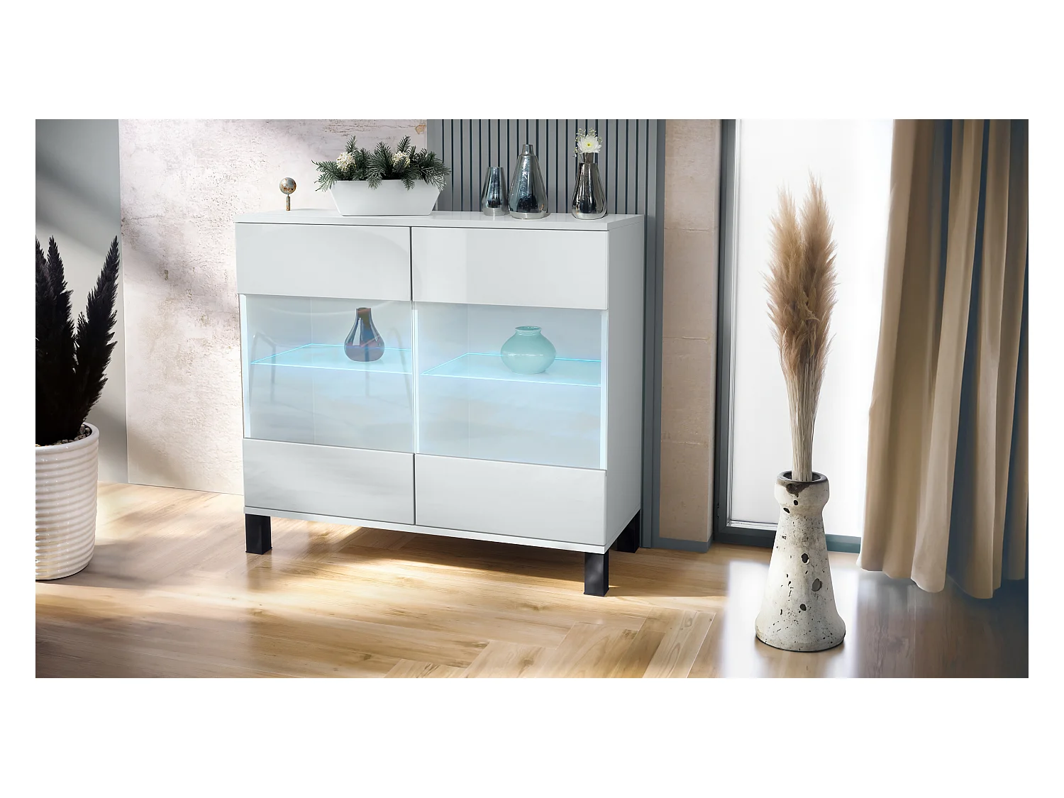 Commode Bari V3, Armoire de cuisine moderne avec 2 grandes portes vitrées incl. éclairage RGB blanc mat / blanc haute brillance (92,5 x 84.5 x 35)