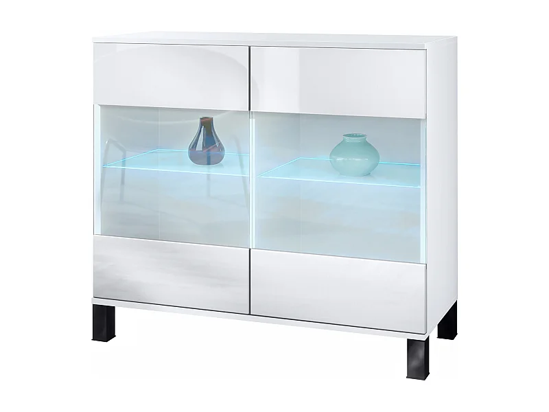 Cassettiera Bari V3, Mobile da cucina moderno con 2 grandi ante in vetro incl. illuminazione RGB bianco opaco / bianco lucido (92,5 x 84.5 x 35)