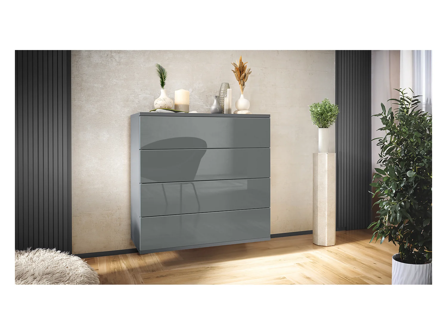 Commode suspendue Pavos V3, Buffet avec 4 tiroirs anthracite mat/gris haute brillance (76 x 76 x 35 cm)