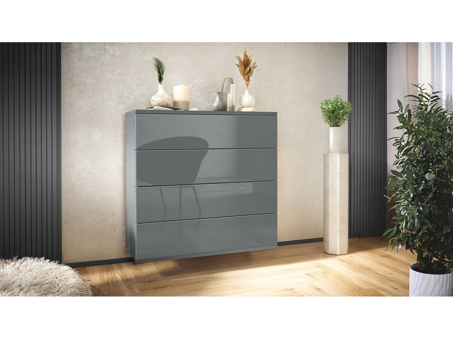 Cassettiera sospesa Pavos V3, Credenza con 4 cassetti antracite opaco /grigio lucido (76 x 76 x 35 cm)