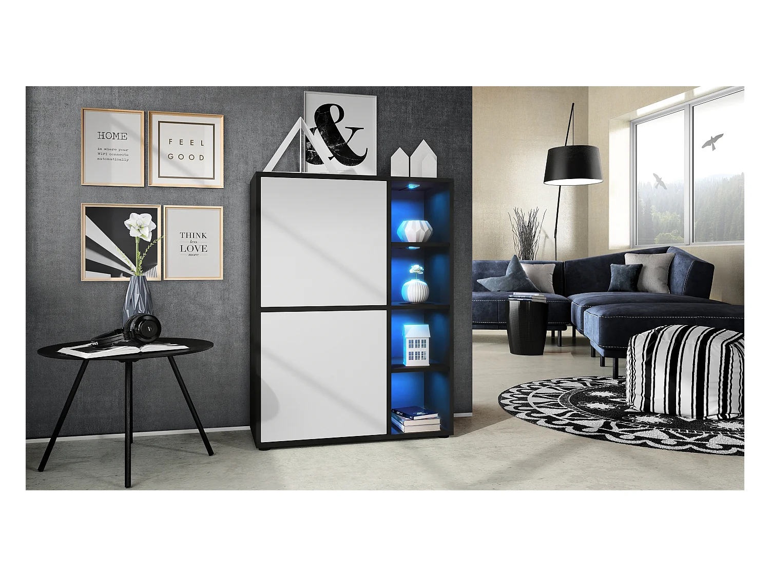 Buffet haut Cuba avec 8 compartiments, caisson en noir mat / Façades en Blanc mat avec éclairage LED RGB