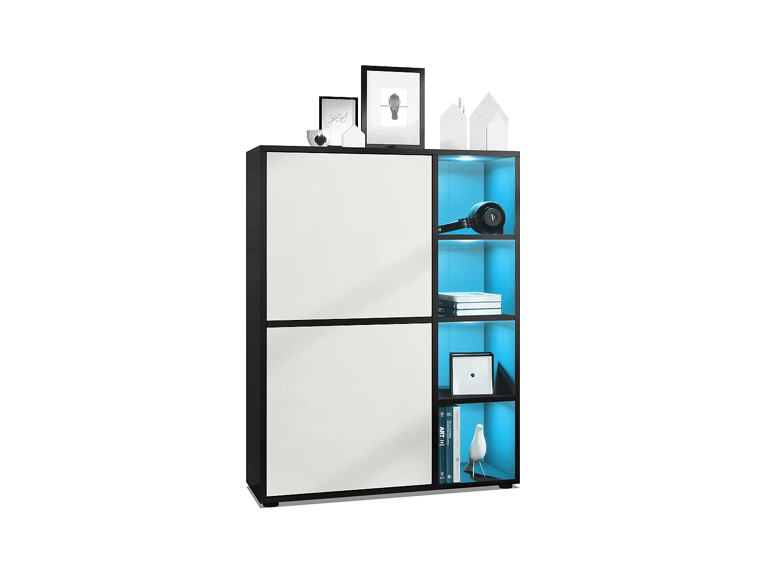 Buffet haut Cuba avec 8 compartiments, caisson en noir mat / Façades en Blanc mat avec éclairage LED RGB