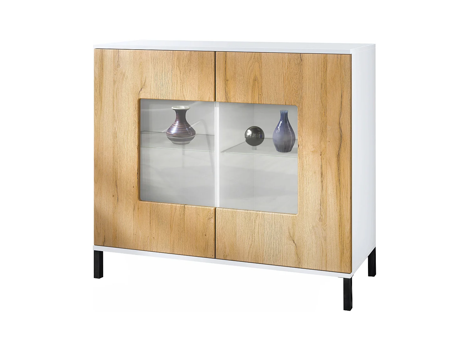 Commode Grömitz V3, Armoire de cuisine moderne avec 2 grandes portes vitrées blanc mat / chêne nature (92,5 x 83.5 x 35)