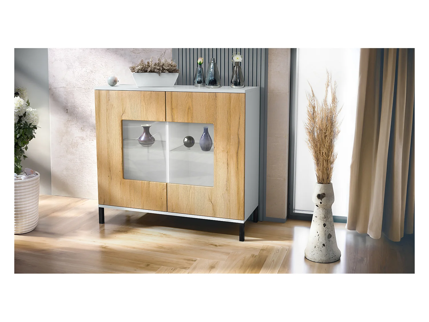 Commode Grömitz V3, Armoire de cuisine moderne avec 2 grandes portes vitrées blanc mat / chêne nature (92,5 x 83.5 x 35)