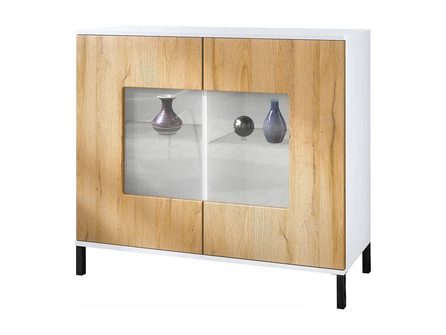 Commode Grömitz V3, Armoire de cuisine moderne avec 2 grandes portes vitrées blanc mat / chêne nature (92,5 x 83.5 x 35)