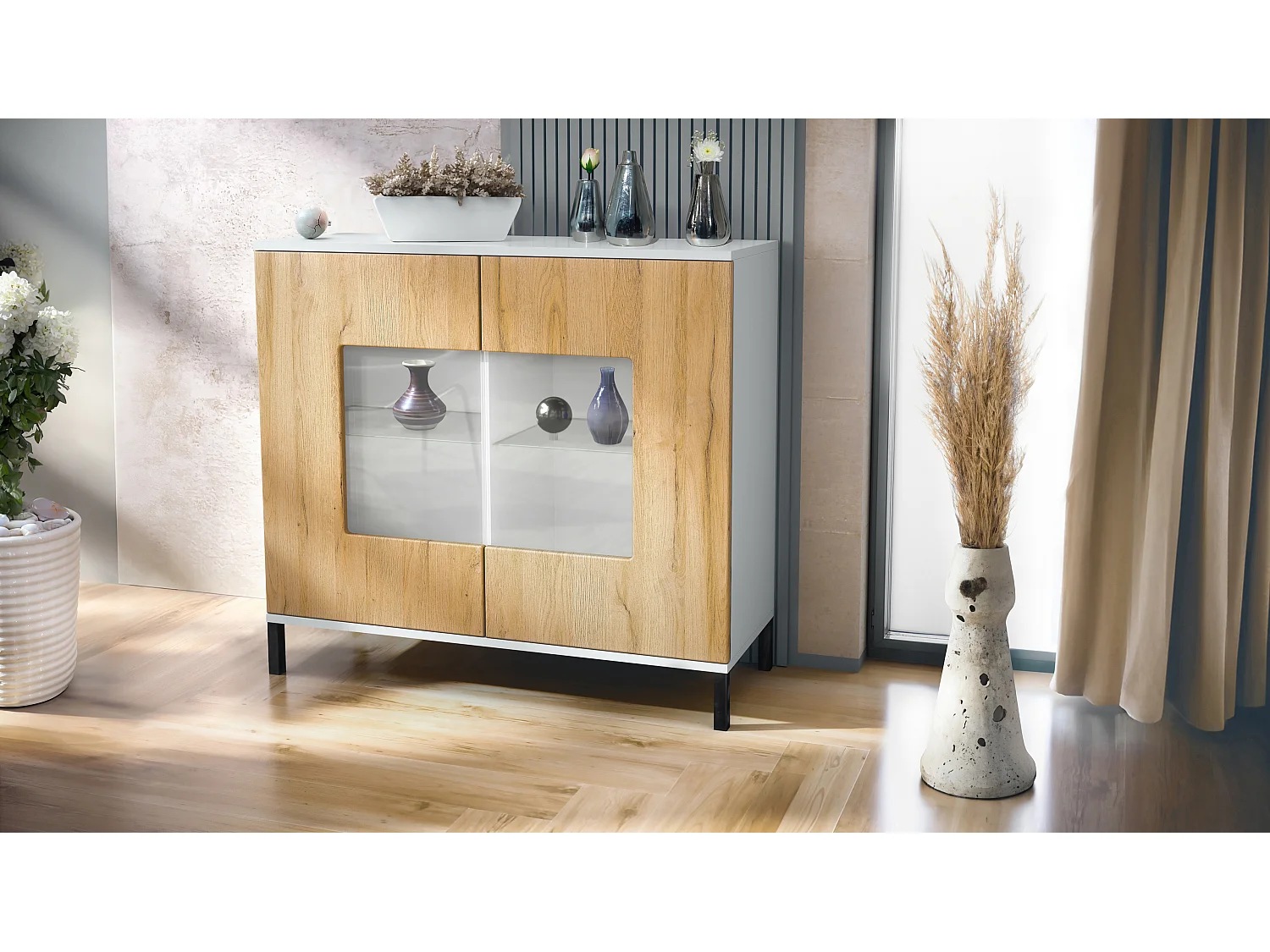 Commode Grömitz V3, Armoire de cuisine moderne avec 2 grandes portes vitrées blanc mat / chêne nature (92,5 x 83.5 x 35)