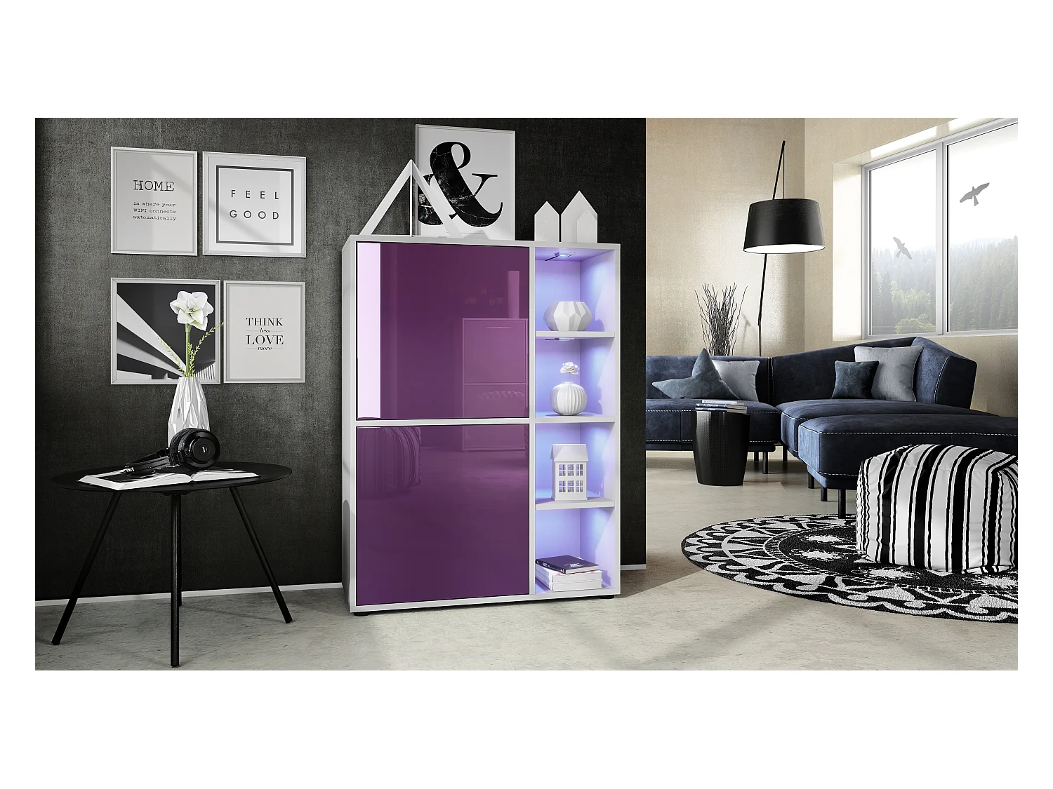 Buffet haut Cuba avec 8 compartiments, caisson en blanc mat / Façades en Mûre laqué haute brillance avec éclairage LED RGB