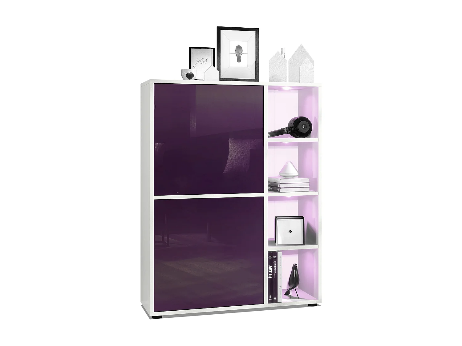 Credenza  Cuba 79 x 105,5 x 35,5 cm Credenza con 8 ripiani, Struttura in bianco opaco / Ante in violetto-porpora con illuminazione LED RGB