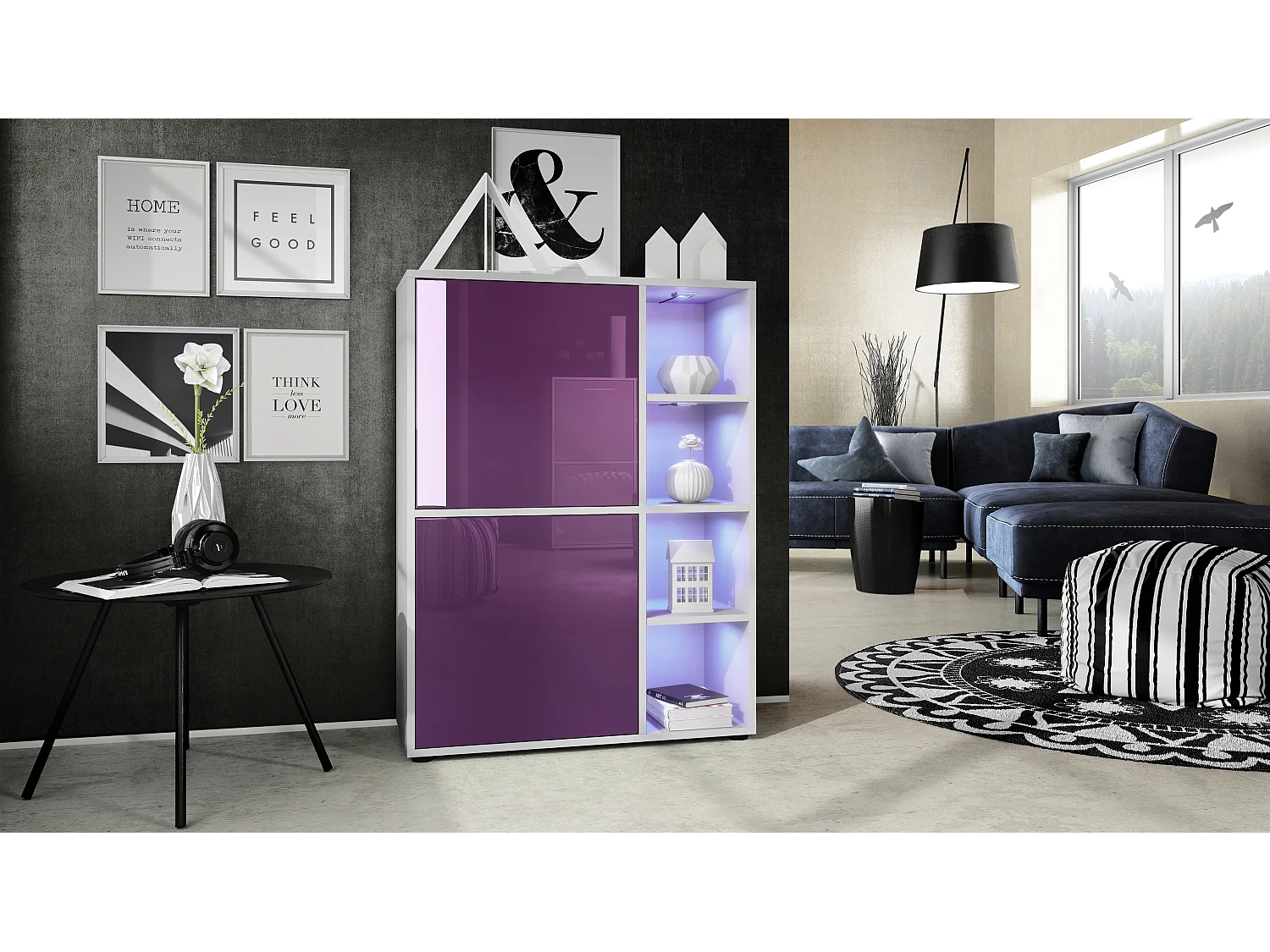Credenza  Cuba 79 x 105,5 x 35,5 cm Credenza con 8 ripiani, Struttura in bianco opaco / Ante in violetto-porpora con illuminazione LED RGB