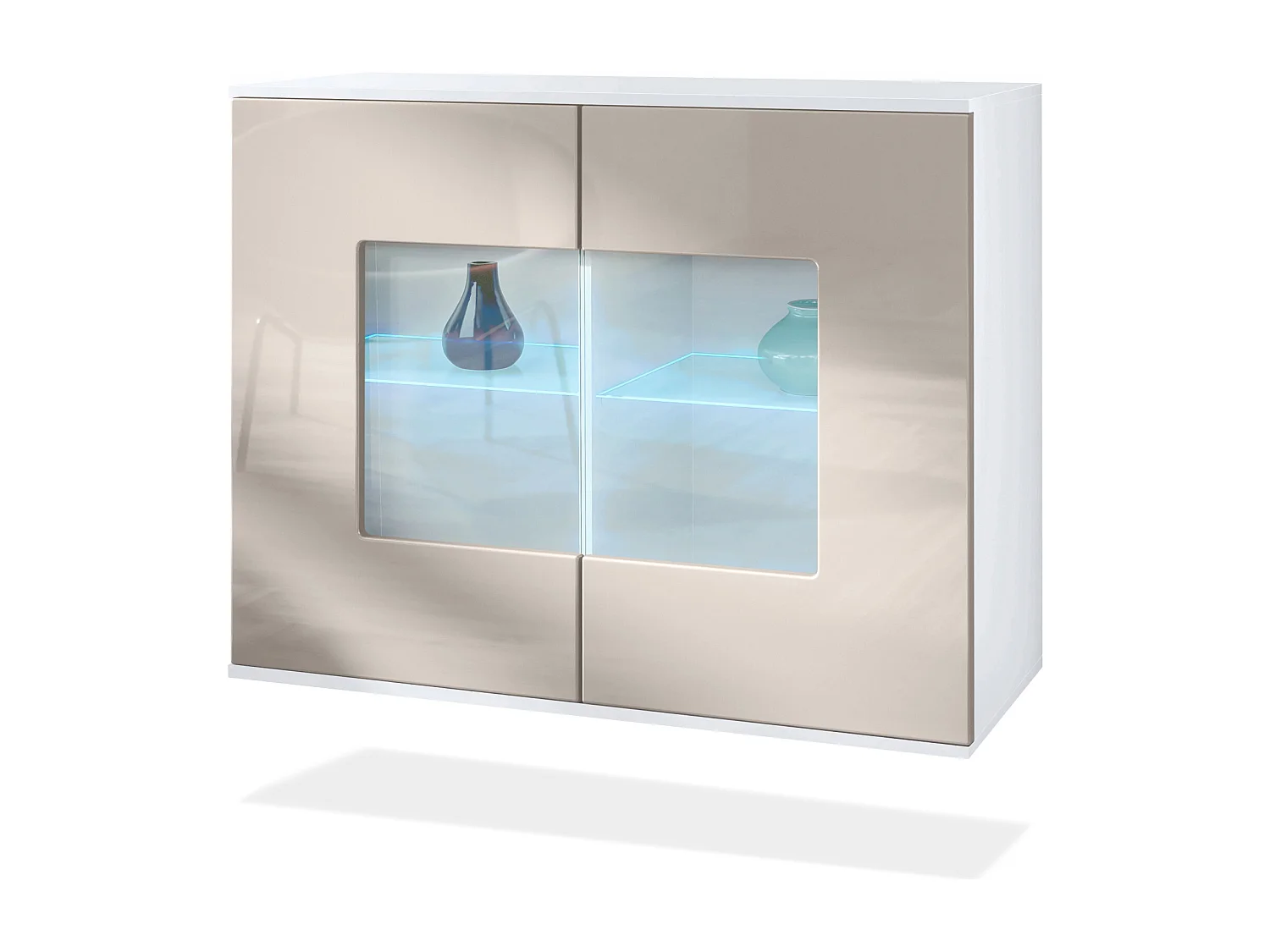 Commode Grömitz V3, Armoire de cuisine moderne avec 2 grandes portes vitrées incl. éclairage RGB blanc mat / gris sable haute brillance (92,5 x 73.5 x 35)