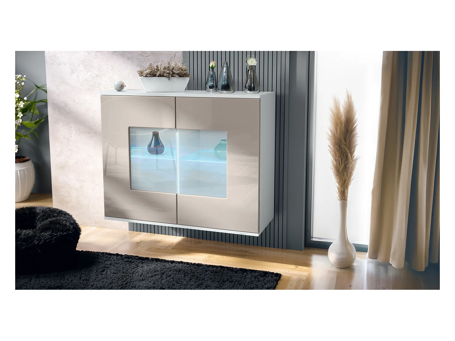 Commode Grömitz V3, Armoire de cuisine moderne avec 2 grandes portes vitrées incl. éclairage RGB blanc mat / gris sable haute brillance (92,5 x 73.5 x 35)