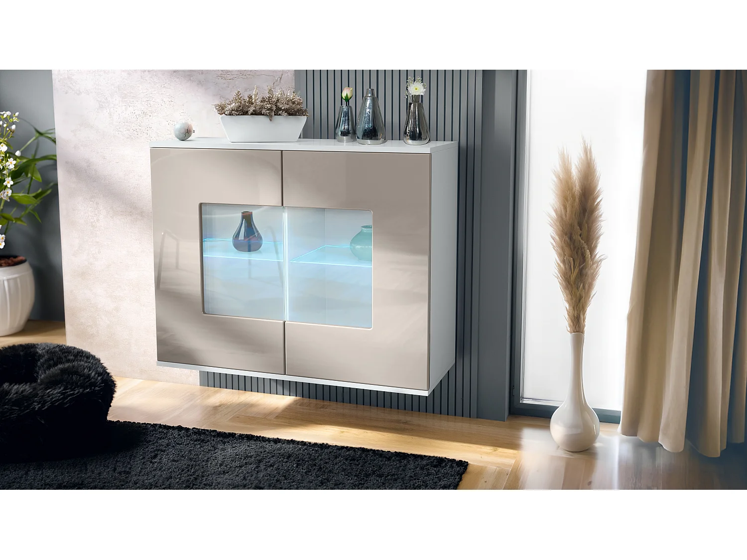 Cassettiera Grömitz V3, Mobile da cucina moderno con 2 grandi ante in vetro incl. illuminazione RGB bianco opaco / grigio sabbia lucido (92,5 x 73.5 x 35)