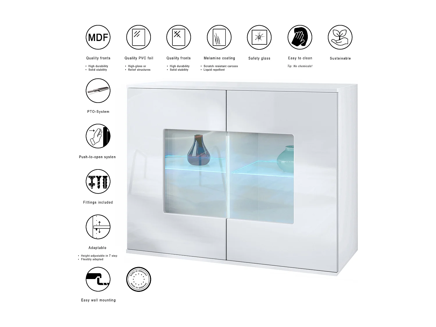 Cassettiera Grömitz V3, Mobile da cucina moderno con 2 grandi ante in vetro incl. illuminazione RGB bianco opaco / grigio sabbia lucido (92,5 x 73.5 x 35)