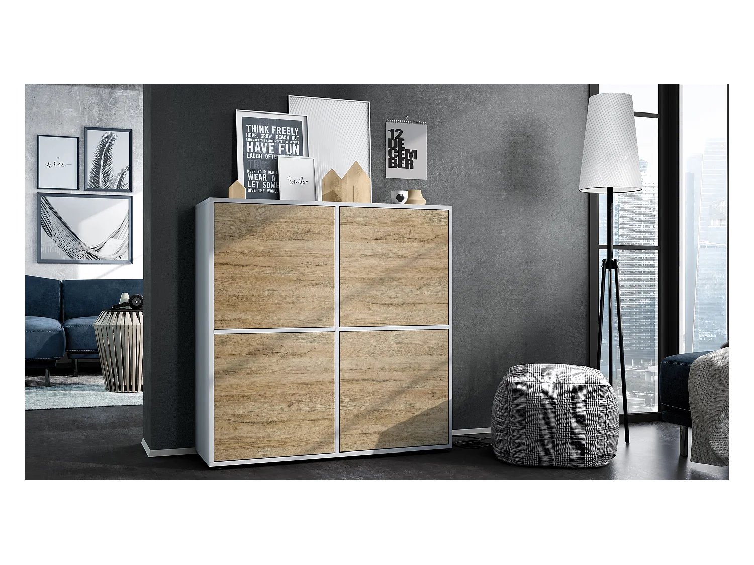 Highboard Cuba V2 Placard 104 x 105,5 x 35,5 cm Buffet à 8 compartiments, caisson en blanc mat / façades en Chêne Nature