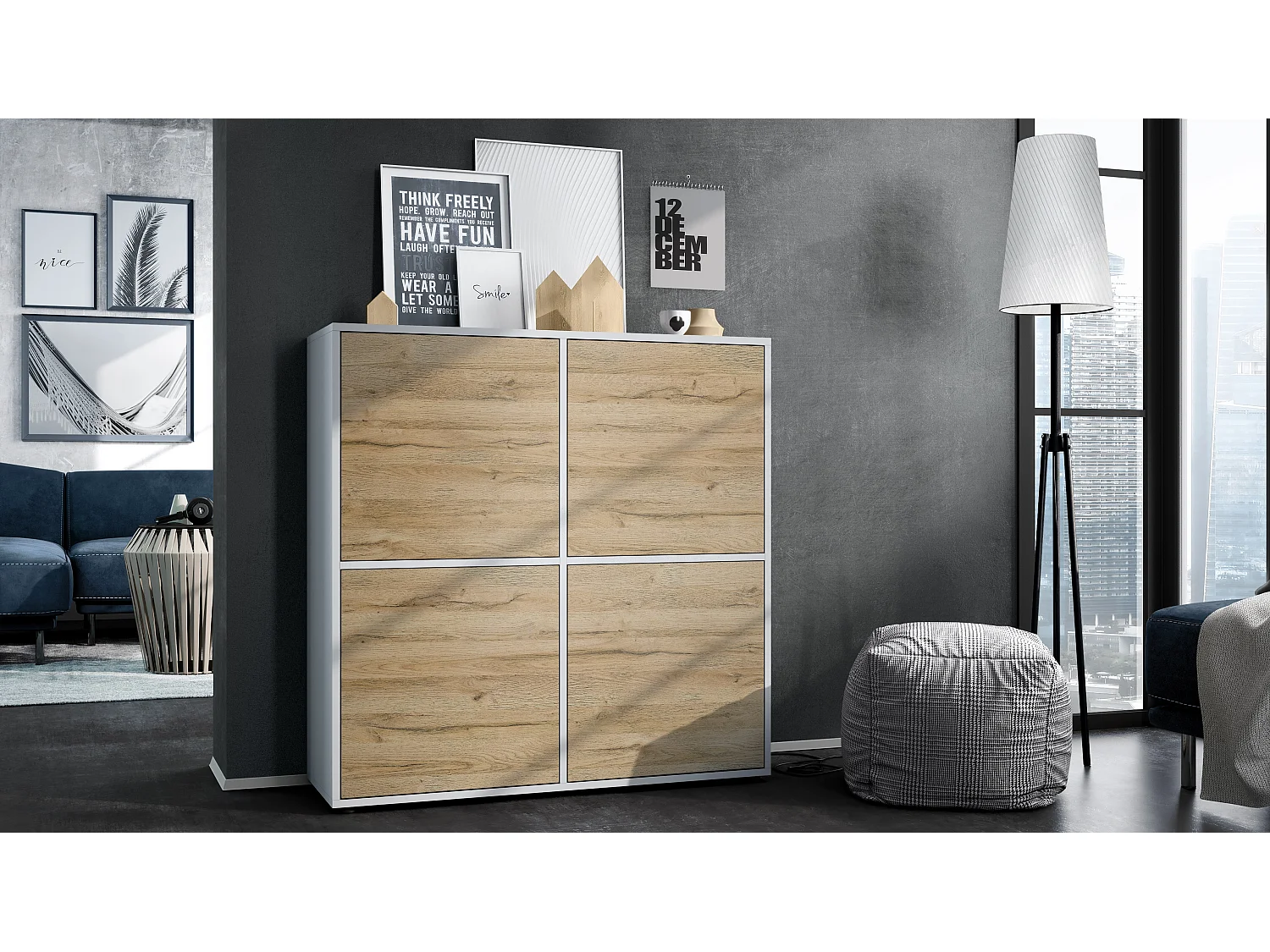 Credenza Cuba V2 Credenza 104 x 105,5 x 35,5 cm Credenza con 8 ripiani, Struttura in bianco opaco / Ante in rovere naturale