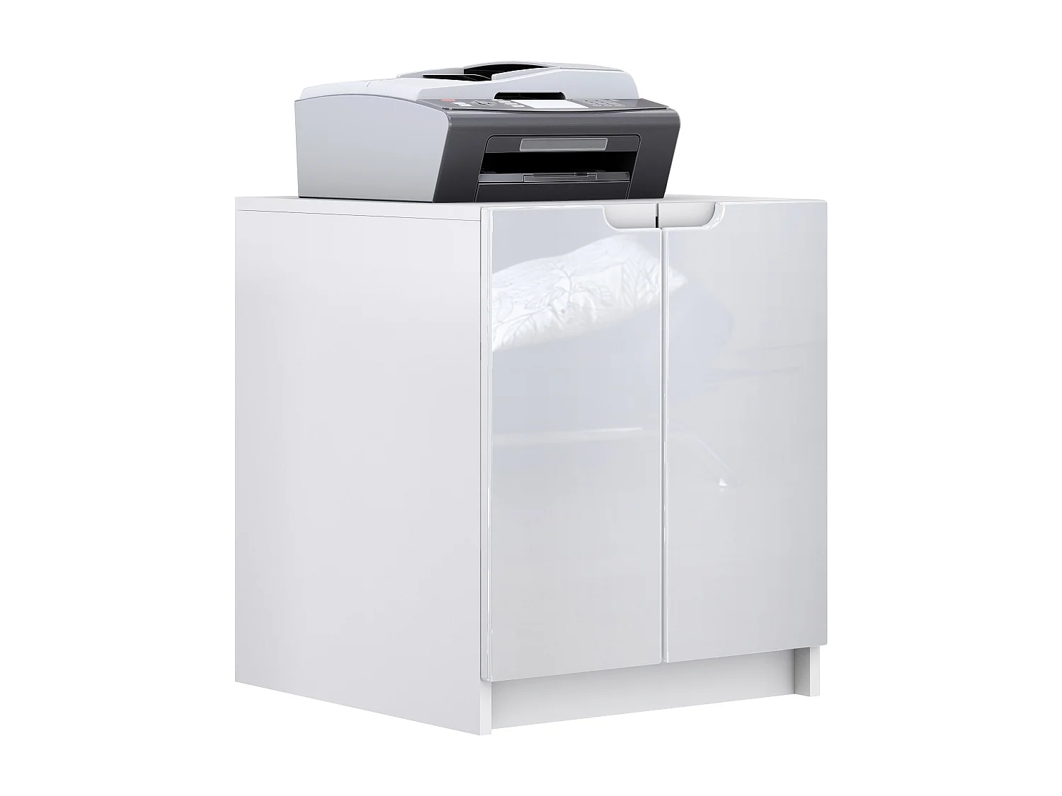 commode d'imprimante Logan, armoire à dossiers avec 2 compartiments et 2 portes, corps blanc mat, façades blanc haute brillance, (51 x 60,5 x 54 cm)