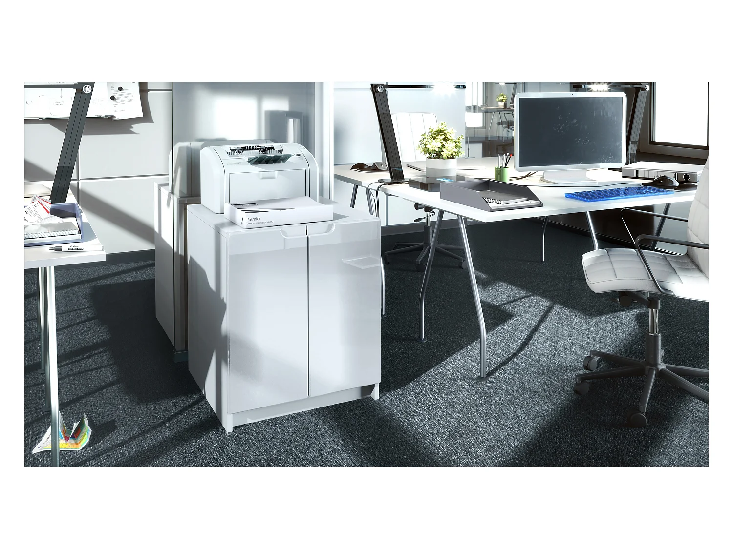 commode d'imprimante Logan, armoire à dossiers avec 2 compartiments et 2 portes, corps blanc mat, façades blanc haute brillance, (51 x 60,5 x 54 cm)