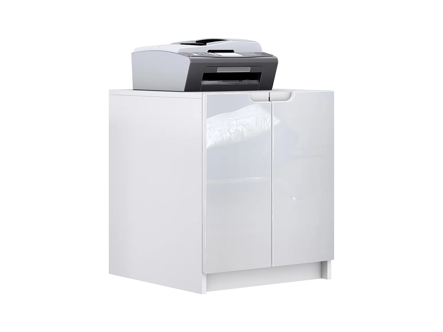 commode d'imprimante Logan, armoire à dossiers avec 2 compartiments et 2 portes, corps blanc mat, façades blanc haute brillance, (51 x 60,5 x 54 cm)