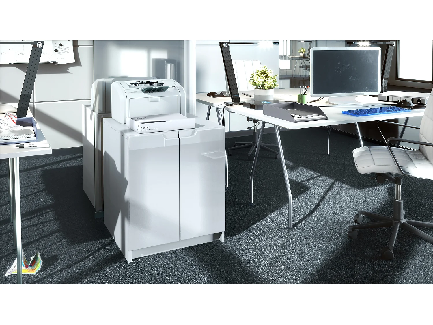 Mobiletto porta stampante Logan, armadietto schedario con 2 scomparti e 2 ante, cassa bianco opaco, frontali bianco lucido, (51 x 60,5 x 54 cm)