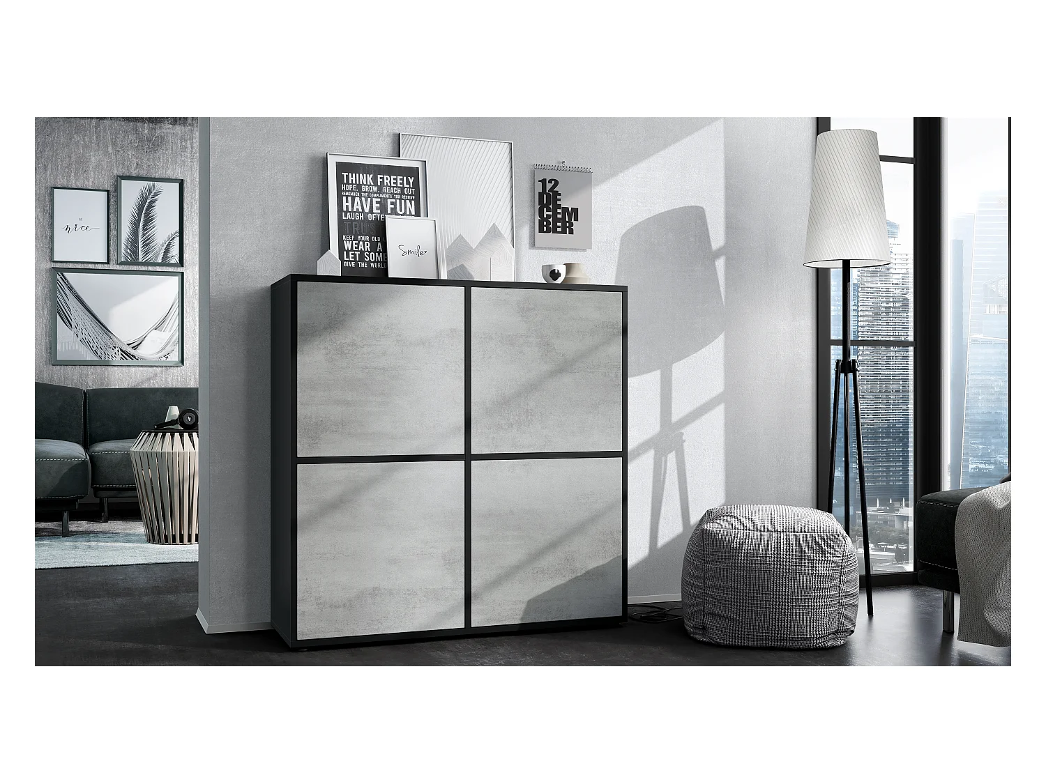 Highboard Cuba V2 Placard 104 x 105,5 x 35,5 cm Buffet à 8 compartiments, caisson en noir mat / façades en Aspect Béton Oxyde