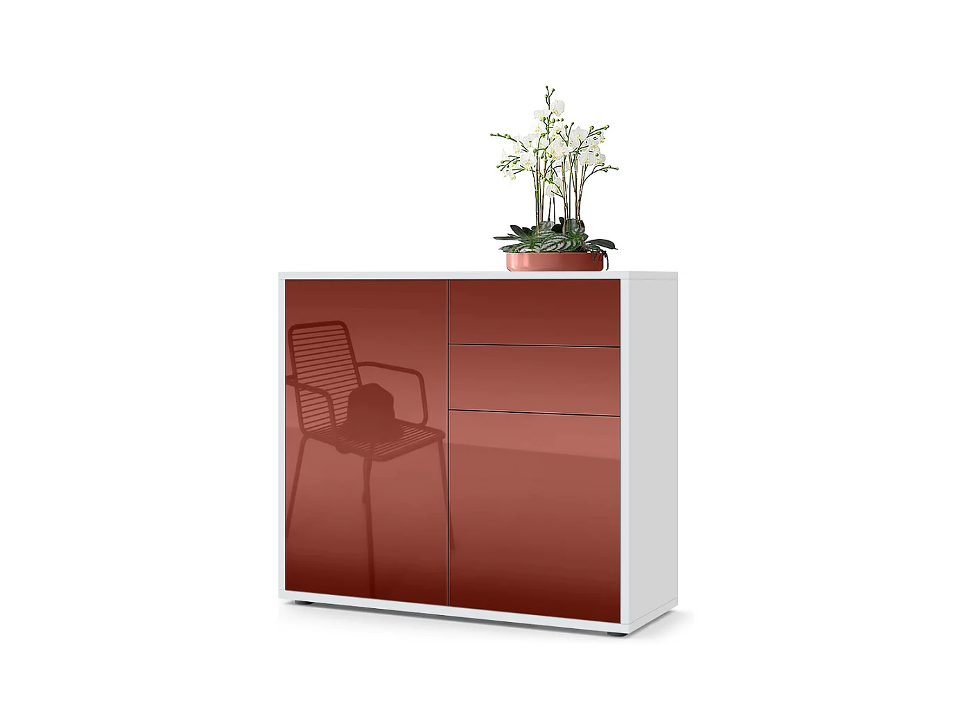 Buffet Ben, Commode avec 2 portes et 2 tiroirs, Blanc mat/Bordeaux haute brillance (79 x 74 x 36 cm)