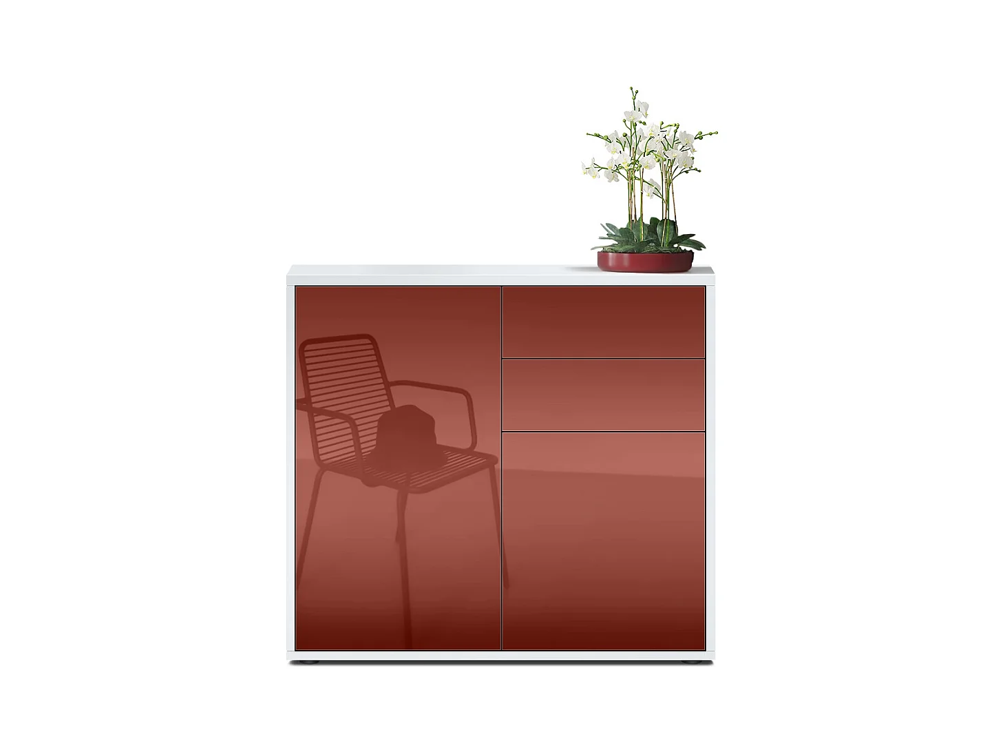 Buffet Ben, Commode avec 2 portes et 2 tiroirs, Blanc mat/Bordeaux haute brillance (79 x 74 x 36 cm)