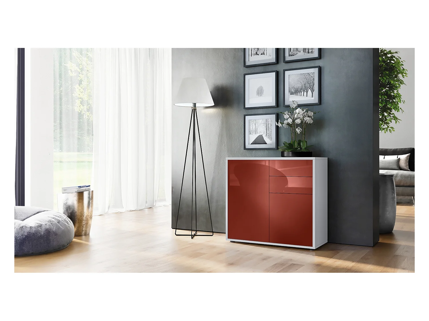 Buffet Ben, Commode avec 2 portes et 2 tiroirs, Blanc mat/Bordeaux haute brillance (79 x 74 x 36 cm)