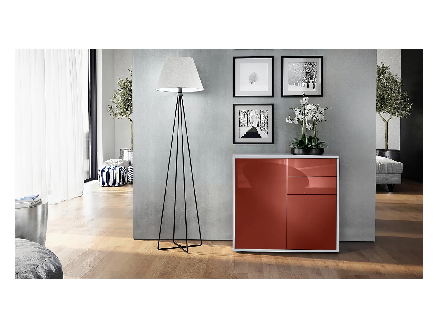 Buffet Ben, Commode avec 2 portes et 2 tiroirs, Blanc mat/Bordeaux haute brillance (79 x 74 x 36 cm)