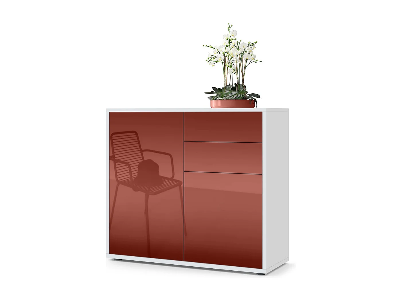 Buffet Ben, Commode avec 2 portes et 2 tiroirs, Blanc mat/Bordeaux haute brillance (79 x 74 x 36 cm)