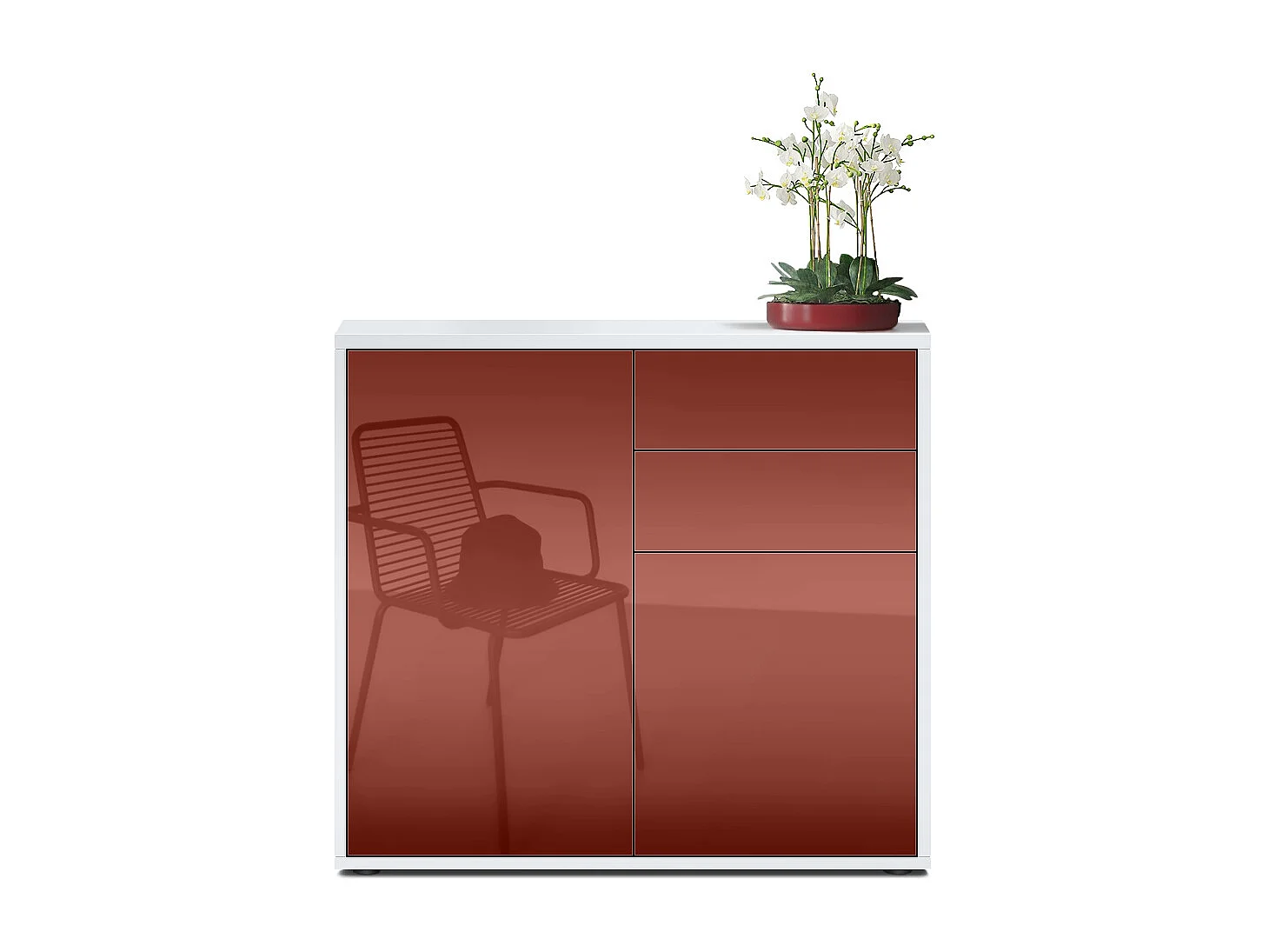 Buffet Ben, Commode avec 2 portes et 2 tiroirs, Blanc mat/Bordeaux haute brillance (79 x 74 x 36 cm)