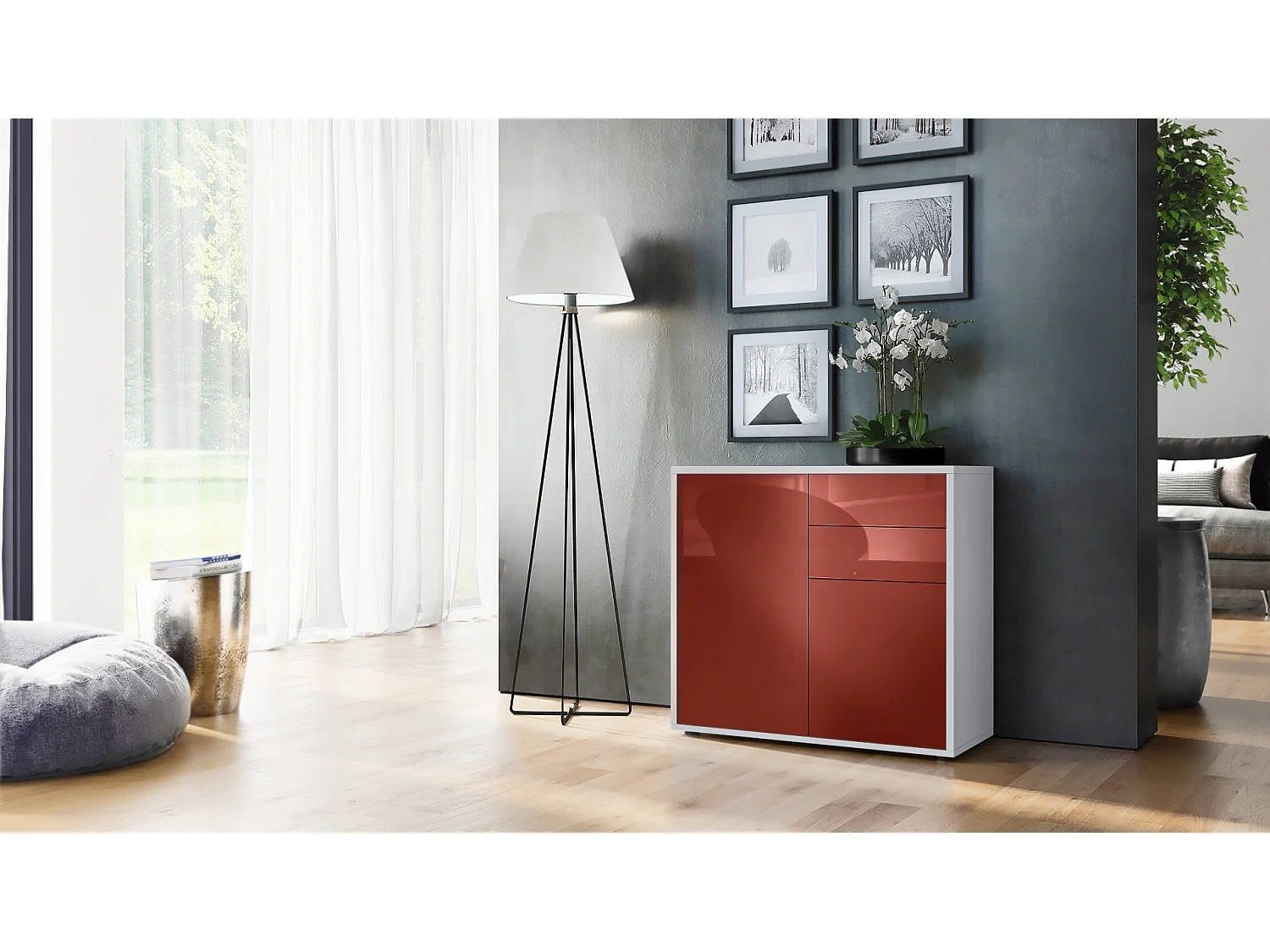 Buffet Ben, Commode avec 2 portes et 2 tiroirs, Blanc mat/Bordeaux haute brillance (79 x 74 x 36 cm)