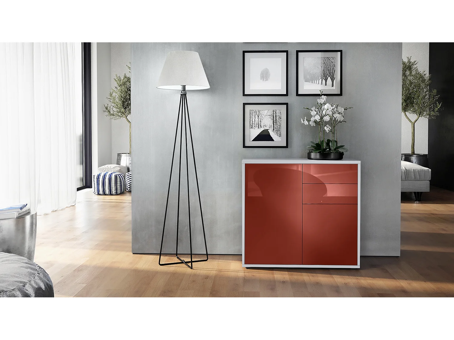 Buffet Ben, Commode avec 2 portes et 2 tiroirs, Blanc mat/Bordeaux haute brillance (79 x 74 x 36 cm)