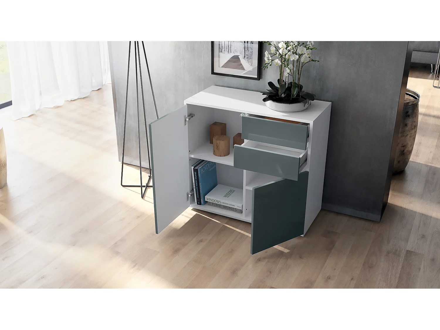 Buffet Ben, Commode avec 2 portes et 2 tiroirs, Blanc mat/Bordeaux haute brillance (79 x 74 x 36 cm)