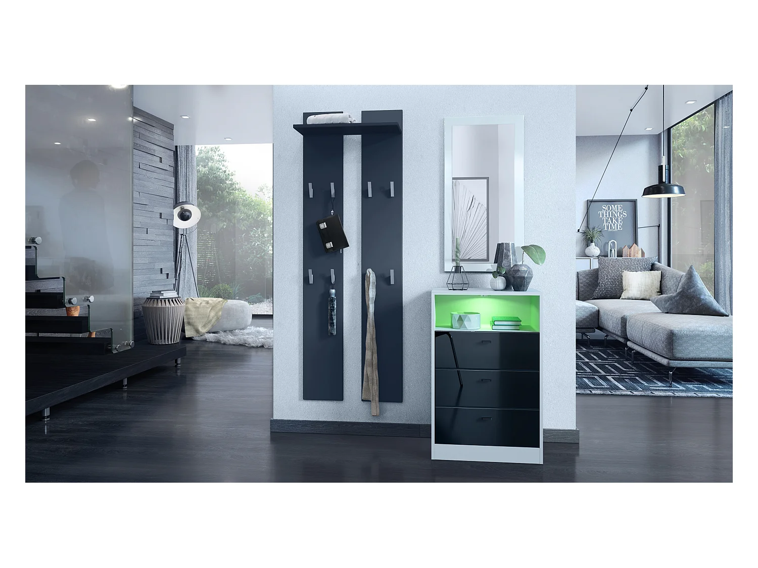 Ensemble de vestiaires Pino V2, 2 Panneaux muraux 140 cm et buffet avec 2 tiroirs & 1 compartiment ouvert, blanc mat/noir haute brillance (56 x 67,5 x 36 cm)