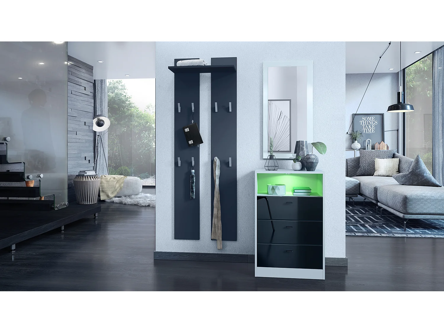 Ensemble de vestiaires Pino V2, 2 Panneaux muraux 140 cm et buffet avec 2 tiroirs & 1 compartiment ouvert, blanc mat/noir haute brillance (56 x 67,5 x 36 cm)