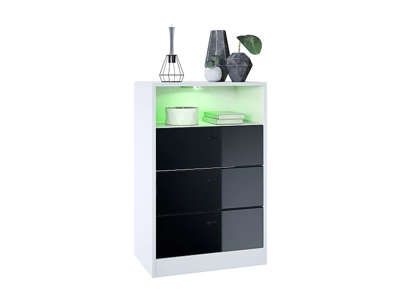 Ensemble de vestiaires Pino V2, 2 Panneaux muraux 140 cm et buffet avec 2 tiroirs & 1 compartiment ouvert, blanc mat/noir haute brillance (56 x 67,5 x 36 cm)