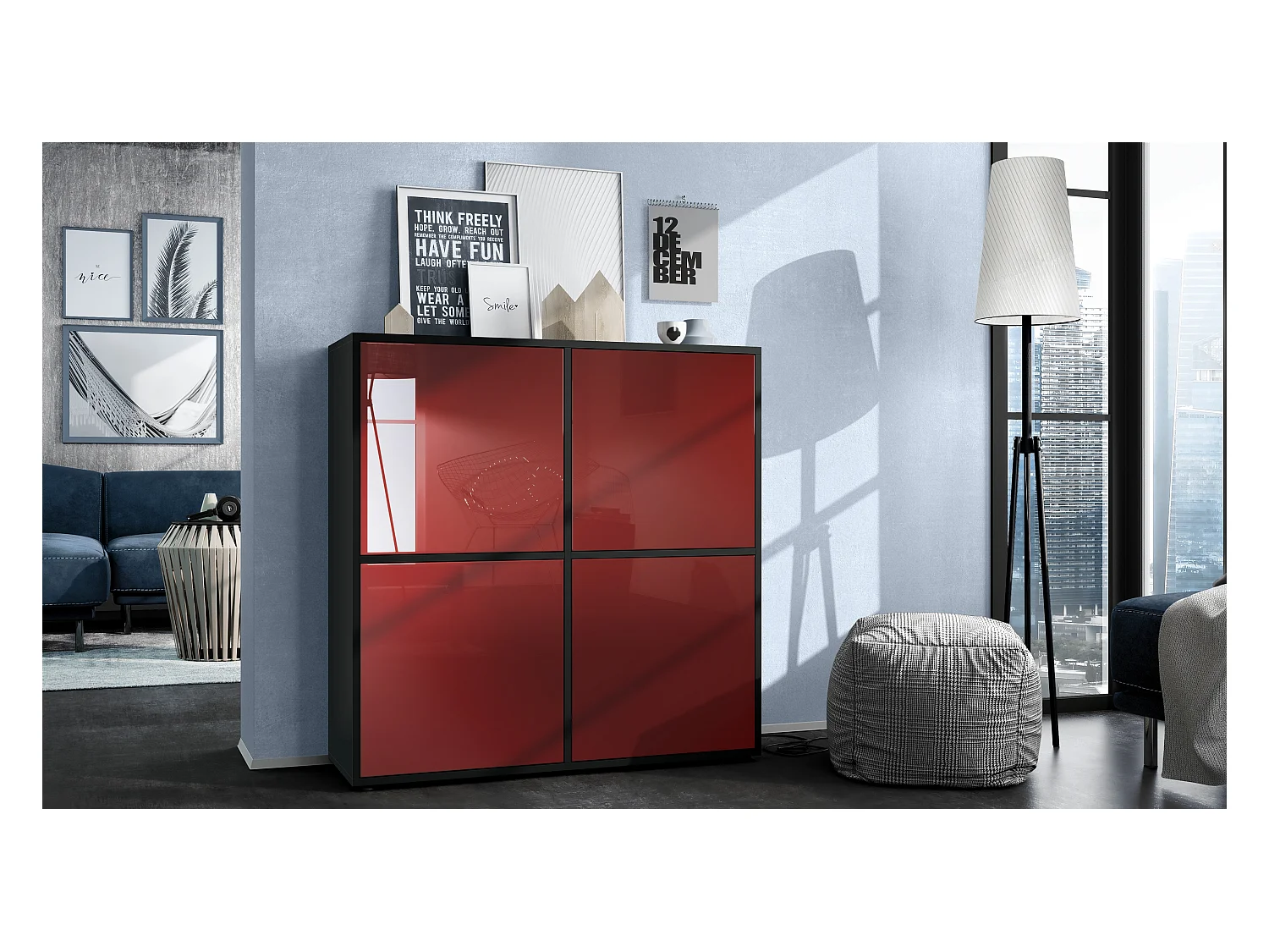 Highboard Cuba V2 Placard 104 x 105,5 x 35,5 cm Buffet à 8 compartiments, caisson en noir mat / façades en Bordeaux laqué haute brillance