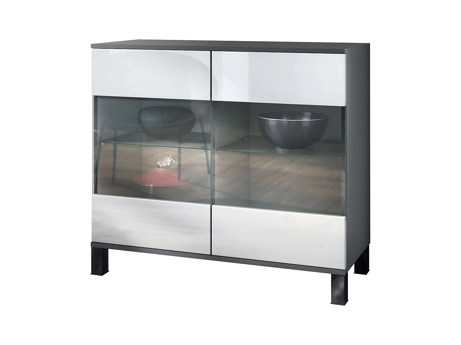 Commode Bari V3, Armoire de cuisine moderne avec 2 grandes portes vitrées anthracite mat / blanc haute brillance (92,5 x 84.5 x 35)