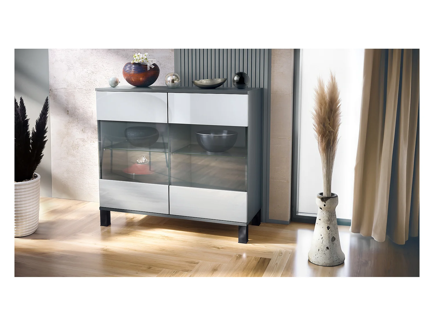 Commode Bari V3, Armoire de cuisine moderne avec 2 grandes portes vitrées anthracite mat / blanc haute brillance (92,5 x 84.5 x 35)