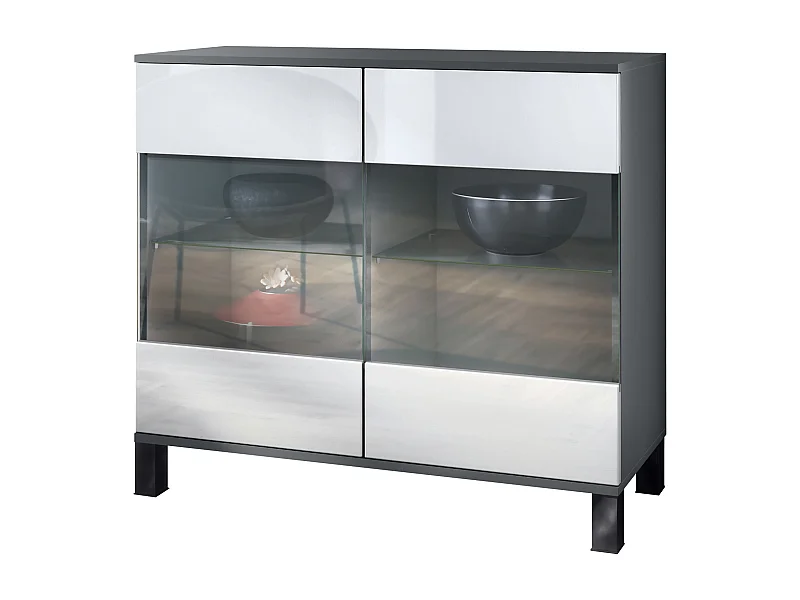 Cassettiera Bari V3, Mobile da cucina moderno con 2 grandi ante in vetro antracite opaco  / bianco lucido (92,5 x 84.5 x 35)